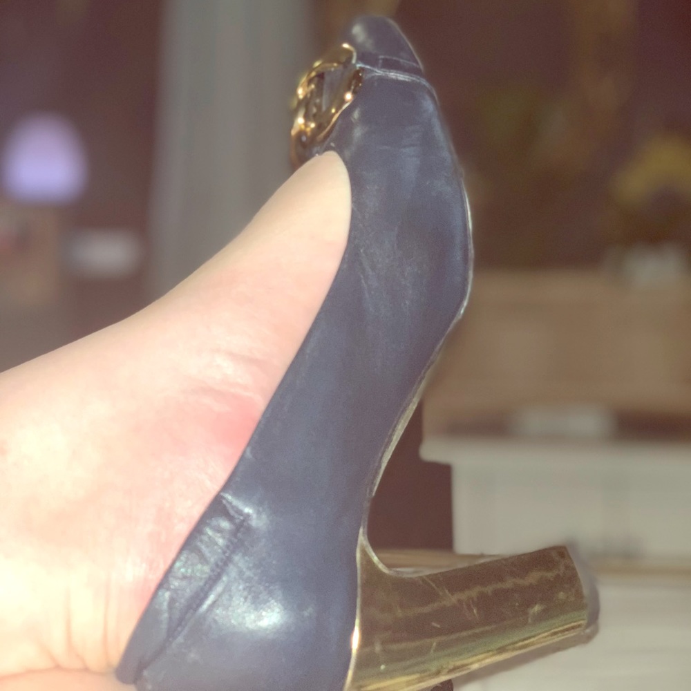 Juicy Couture navy and Gold block heel pumps